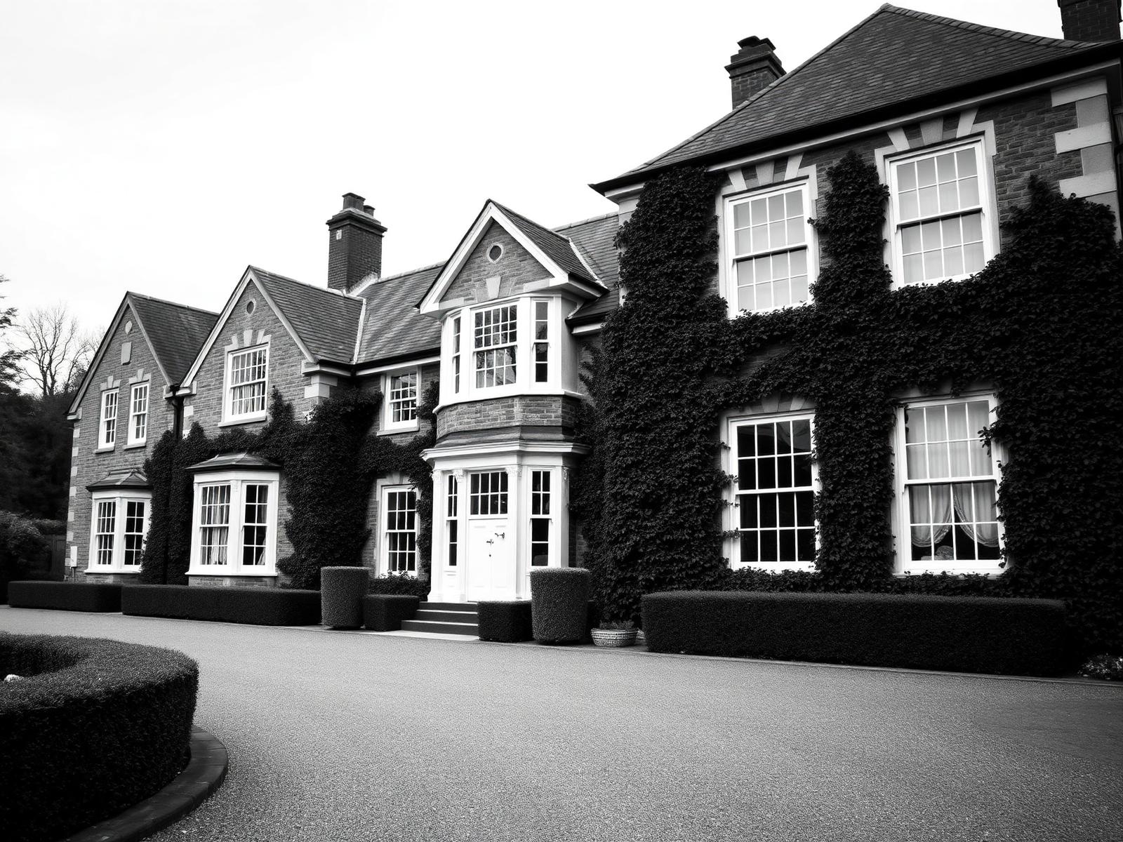 Ashford Manor exterior, an English country house with ivy-covered walls